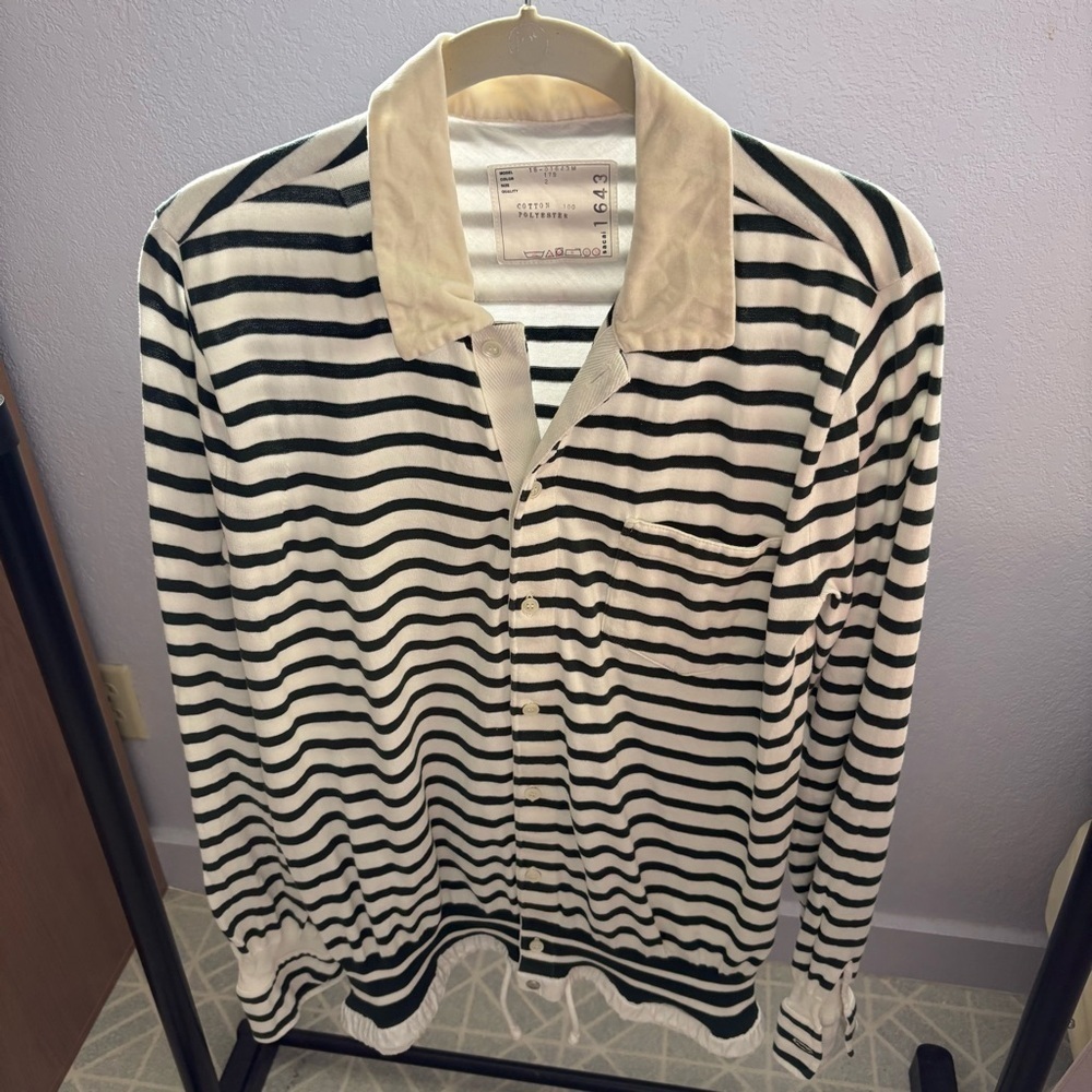 SACAI sz 2 M Cardigan White Green Stripe Long Sleeve Drawstring Bottom